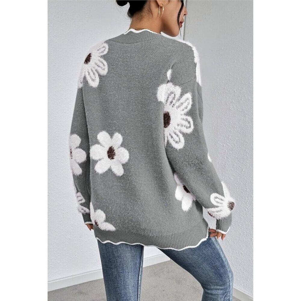 Women's Oversized V Neck Fuzzy Sweaters Grey Loose Long Sleeve Top - Picture 3 of 9